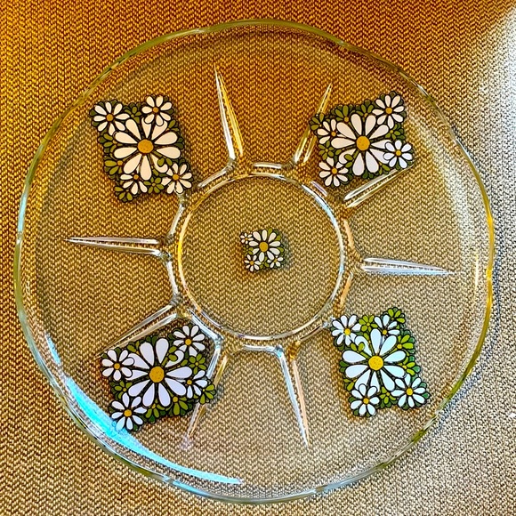 Vegetable olive relish clear green white yellow daisy platter tray round 12” EUC - Picture 1 of 5